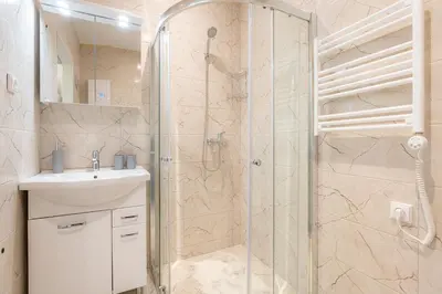 a bathroom with a shower and a sink at Senamiesčio apartamentai in Druskininkai