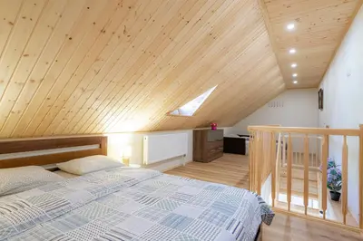 a bedroom with a bed and a wooden ceiling at Senamiesčio apartamentai in Druskininkai
