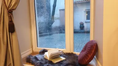 a pile of books sitting on a rug in front of a window at kauno street home in Vilnius