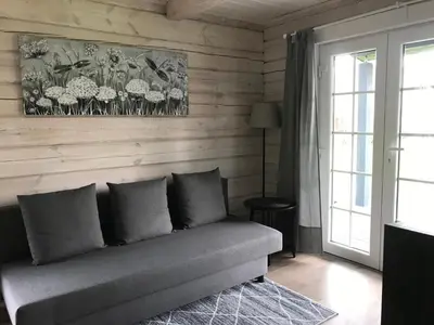 a couch sitting in a living room with a window at Atostogų namelis Laukys in Druskininkai