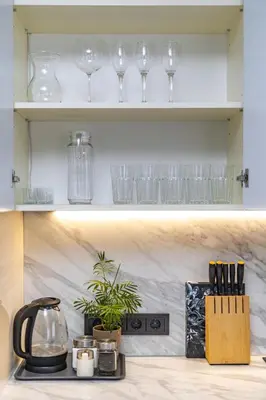 a kitchen counter with wine glasses on shelves at Saulės Tako apartamentai in Druskininkai