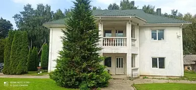 a large white house with a tree in front of it at Svečių namai prie Širvintų in Akmeniai