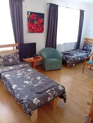a bedroom with a bed and a couch and a chair at Svečių namai prie Širvintų in Akmeniai