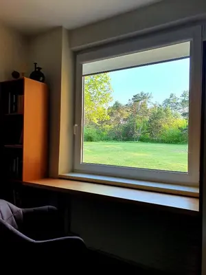 a window with a view of a green field at Apartamentai ŠERMUKŠNIS in Druskininkai