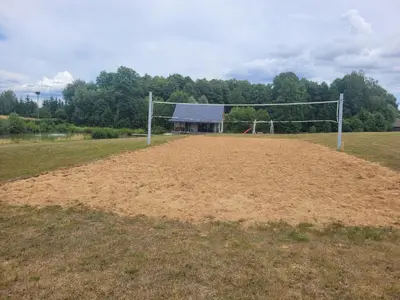 a soccer field with a goal in the middle of a field at Nuomojama sodyba Rokiškio rajonas , Aukštakalnių kaimas ,Ežero gatvė 2 in Kuosiai
