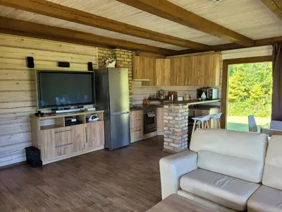 a living room with a couch and a tv in a cabin at Nuomojama sodyba Rokiškio rajonas , Aukštakalnių kaimas ,Ežero gatvė 2 in Kuosiai
