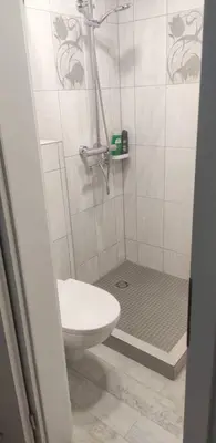 a bathroom with a shower with a toilet and a sink at Butas miesto centre/ Apartment in the city center in Šiauliai