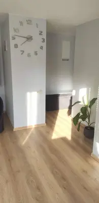 a room with a clock on the wall and a plant at Butas miesto centre/ Apartment in the city center in Šiauliai