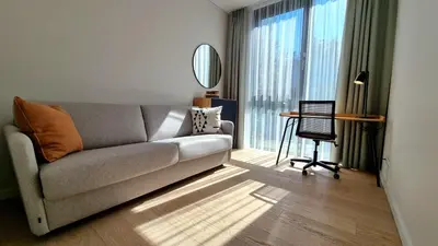 a living room with a couch and a mirror at Park Premium Apartments in Birštonas