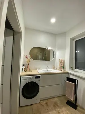 a bathroom with a sink and a washing machine at Atostogų namas Twins in Druskininkai