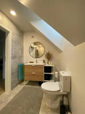 a bathroom with a toilet and a sink and a mirror at Atostogų namas Twins in Druskininkai