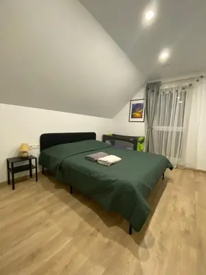 a bedroom with a green bed and a window at Atostogų namas Twins in Druskininkai