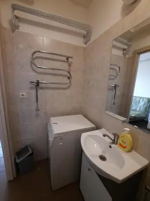 a bathroom with a sink and a mirror at Cozy place in Žirmūnai 2 in Vilnius