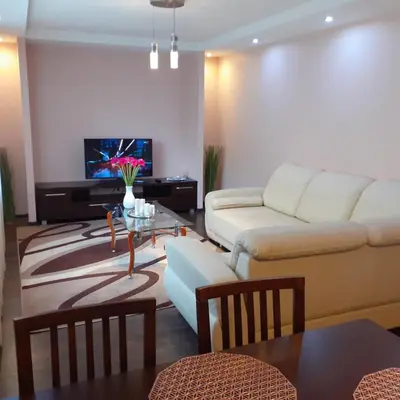 a living room with a couch and a tv at Jaukus butas Druskininkuose in Druskininkai