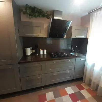 a kitchen with a sink and a stove top oven at Jaukus butas Druskininkuose in Druskininkai