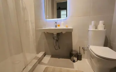 a bathroom with a toilet and a sink and a mirror at VEPA in Vepriai