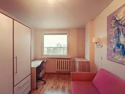 a living room with a couch and a desk and a window at Apartment for a short rent in KaunasButas trumpalaikei nuomai Kaune in Kaunas