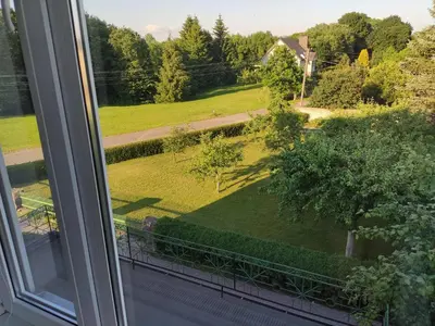 a view of a garden from a window at Spacious & Cozy Apartment with Forest View in Zapyškis