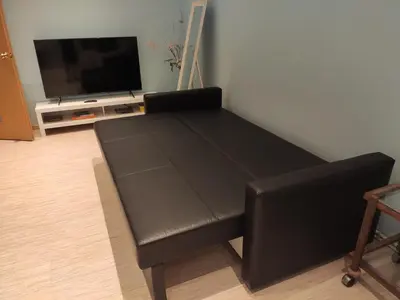 a black table and chair in a living room with a television at Spacious & Cozy Apartment with Forest View in Zapyškis