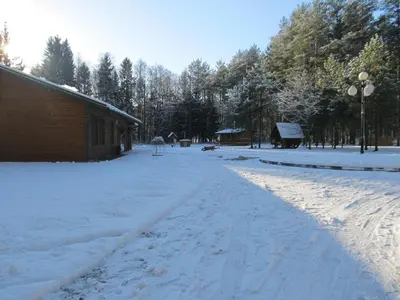 a snow covered street with a building and trees at Vanago Lizdas in Druskininkai