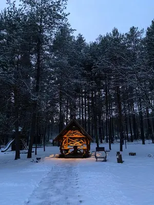 a small tent in the snow in a forest at Vanago Lizdas in Druskininkai