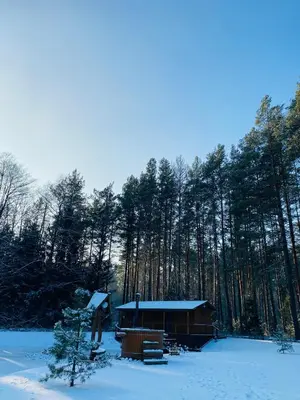 a cabin in the woods with snow on the ground at Vanago Lizdas in Druskininkai