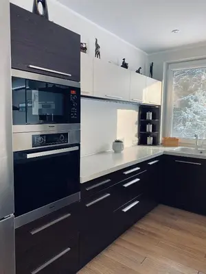 a kitchen with black appliances and white cabinets at Vanago Lizdas in Druskininkai