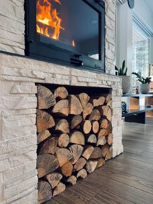 a fireplace filled with logs with a tv on top at Vanago Lizdas in Druskininkai