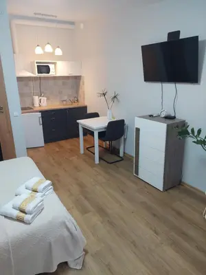 a room with a bed and a table and a kitchen at Lapių Ola in Utena