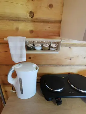 a kitchen with a counter with a coffee maker and a stove at Sodyba 