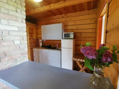 a kitchen in a log cabin with a table and flowers at Sodyba 