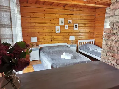 a bedroom with two beds in a wooden cabin at Sodyba 