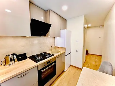 a small kitchen with a stove and a sink at M&M Apartment VI SELF CHECK-IN in Panevėžys