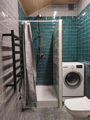 a bathroom with a toilet and a washing machine at Cosy Apartments in Vilnius Center in Vilnius