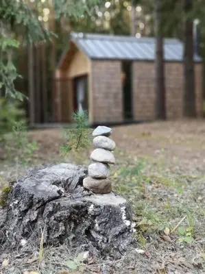 a stack of rocks sitting on top of a tree stump at Private cosy forest cabin in Inturkė