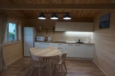 a kitchen with a table and chairs and a refrigerator at R&M Resort in Petkėniškės