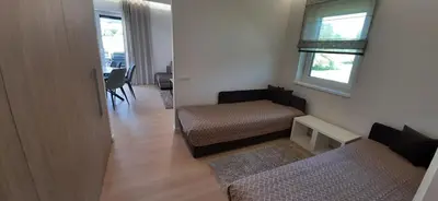 a living room with a couch and a bed and a window at Vila Galadusis prie ežero in Lazdijai