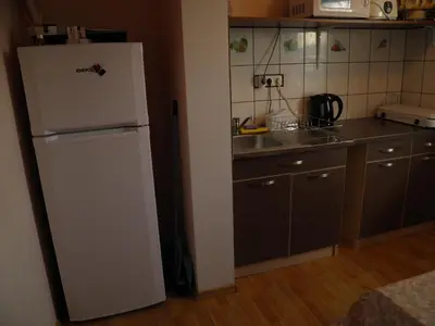 a kitchen with a white refrigerator and a sink at Rooms for Rent near Vilnius in Bezdonys