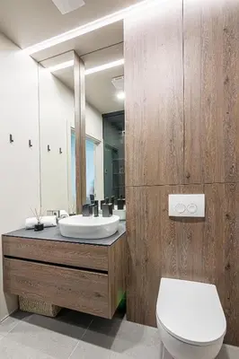 a bathroom with a toilet and a sink and a mirror at Apartment w-Terrace I Air Condition I New building I Self Check-In in Birštonas