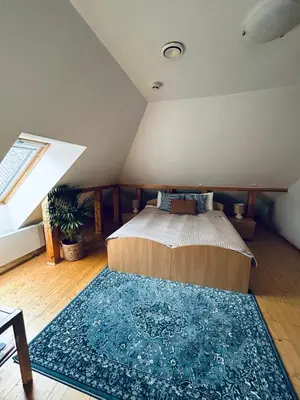 a bedroom with a bed and a blue rug at In heart of Trakai you'll find authentic Karaim house in Trakai