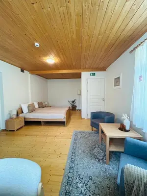 a bedroom with a bed and a wooden ceiling at In heart of Trakai you'll find authentic Karaim house in Trakai