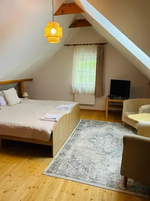 a bedroom with a bed and a couch and a tv at In heart of Trakai you'll find authentic Karaim house in Trakai