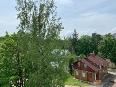 a small house with a red roof next to a tree at Sonatina apartment in Druskininkai