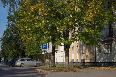 a car parked on a street next to a building at Sonatina apartment in Druskininkai