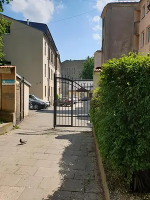 a bird sitting on a sidewalk next to a gate at Cozy Suite with Inner Yard in Vilnius
