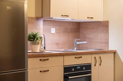 a kitchen with a sink and a refrigerator at Cozy Suite with Inner Yard in Vilnius