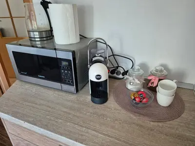 a blender sitting on a counter next to a microwave at Alka Lake Inn in Druskininkai