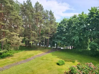 a grassy field with trees in the background at Alka Lake Inn in Druskininkai
