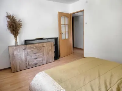 a bedroom with a bed and a dresser with a plant on it at Alka Lake Inn in Druskininkai
