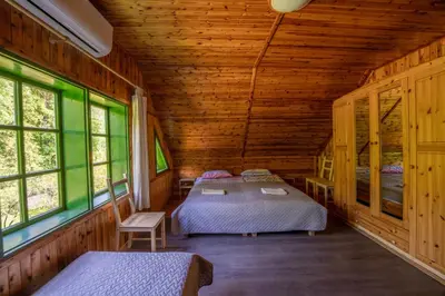 a bedroom with two beds in a wooden cabin at Alaušo Salos - Malinauskų kaimo turizmo sodyba in Sudeikiai